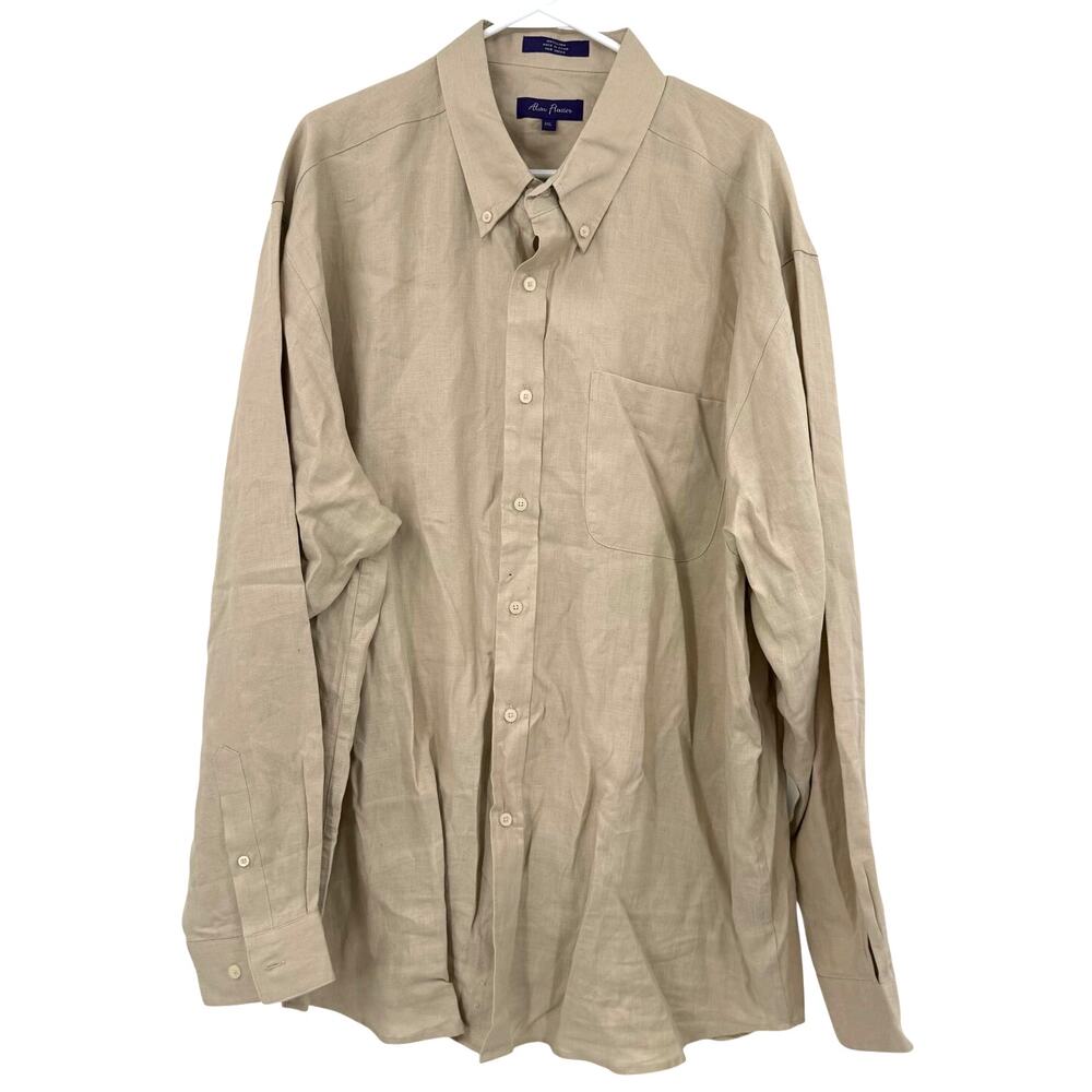 Alan Flusser‎ Size XXL Long Sleeve Button Down Shirt Tan 100% Linen Pocket Top